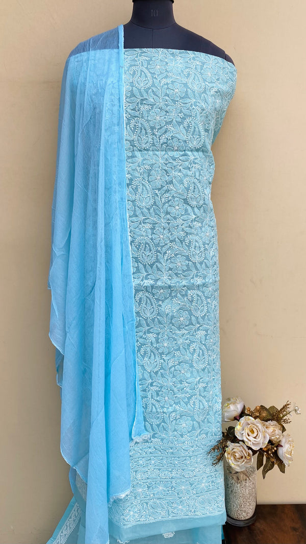 Lucknowi Chikankari Suit Length 3 Piece Blue Cotton