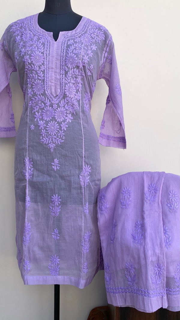 Lucknowi Chikankari Co-ord Set Purple Mal Chanderi With Self Work