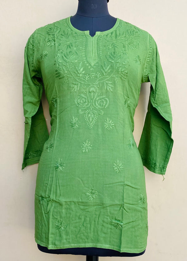 Lucknowi Chikankari Short Kurti Green Modal Cotton With Self 3D Work