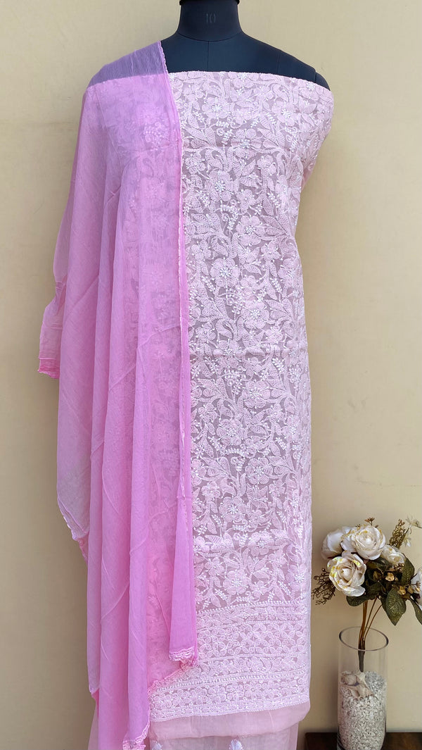 Lucknowi Chikankari Suit Length 3 Piece Pink Cotton