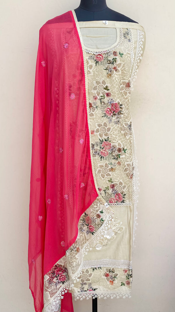 Designer Embroidered Suit Length 3 Piece Cream Mal Cotton With Pearl , Cutdana & Sequence Work