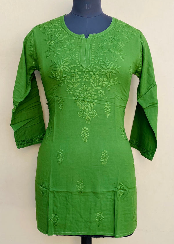 Lucknowi Chikankari Short Kurti Green Modal Cotton With Self 3D Work