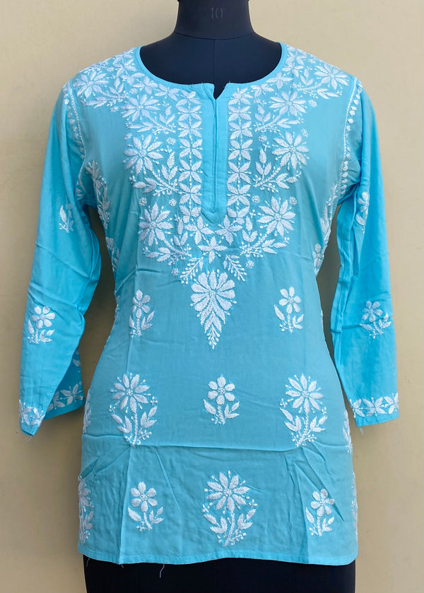 Lucknowi Chikankari Short Kurti Blue Modal Cotton