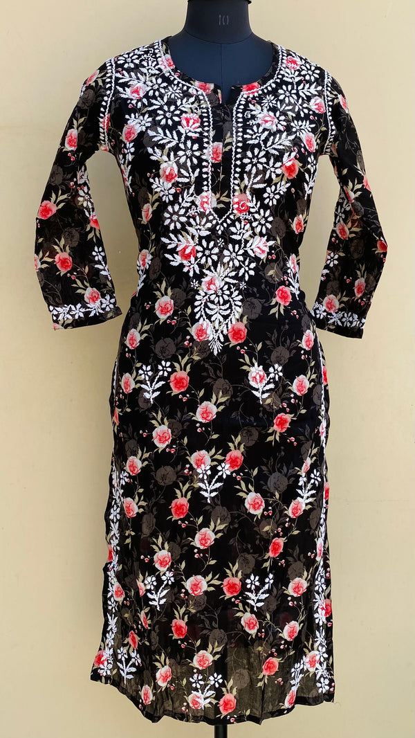 Lucknowi Chikankari Printed Kurti Black Mulmul Cotton