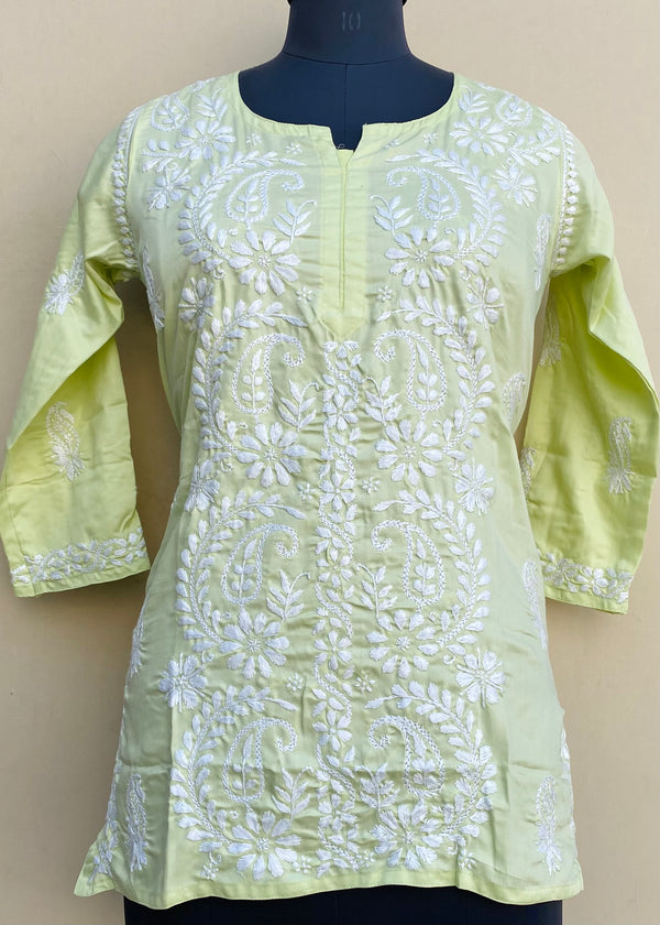 Lucknowi Chikankari Short Kurti Parrot Green Muslin Cotton