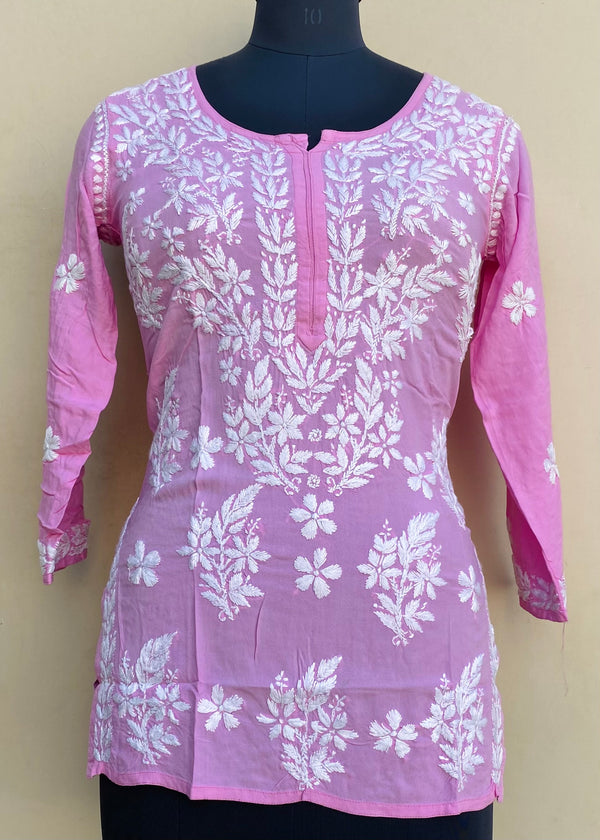 Lucknowi Chikankari Short Kurti Pink Modal Cotton