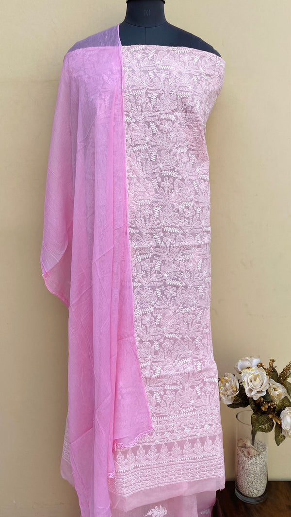 Lucknowi Chikankari Suit Length 3 Piece Pink Cotton