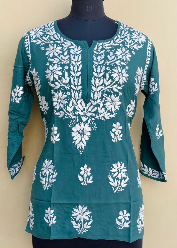 Lucknowi Chikankari Short Kurti Teal Green Modal Cotton