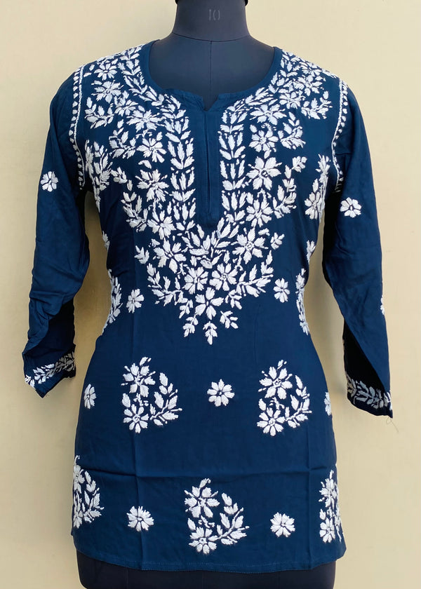 Lucknowi Chikankari Short Kurti Navy Blue Modal Cotton