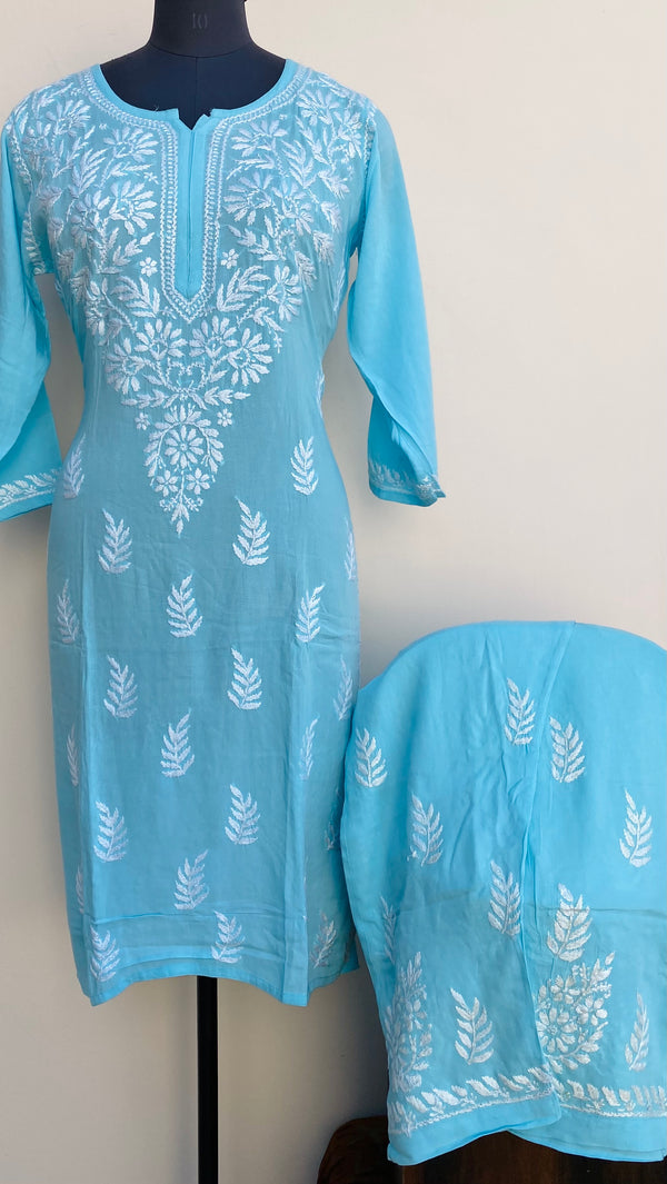 Lucknowi Chikankari Co-ord Set Blue Modal Cotton