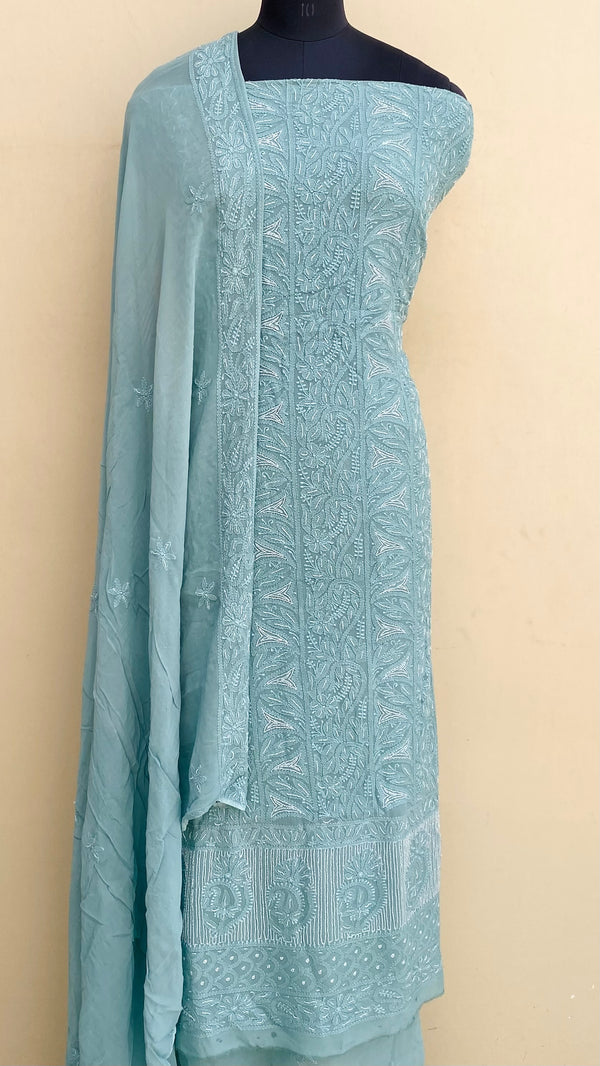 Lucknowi Chikankari Suit Length 2 Piece Green Pure Georgette With Cutdana Work