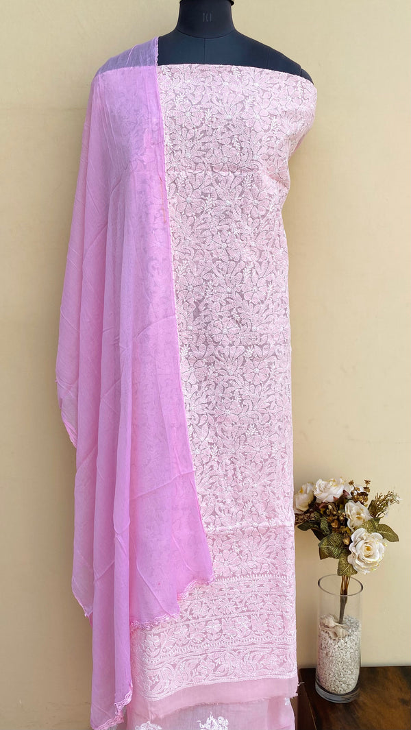 Lucknowi Chikankari Suit Length 3 Piece Pink Cotton