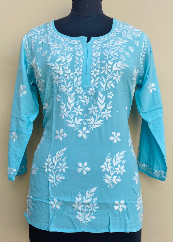 Lucknowi Chikankari Short Kurti Blue Modal Cotton