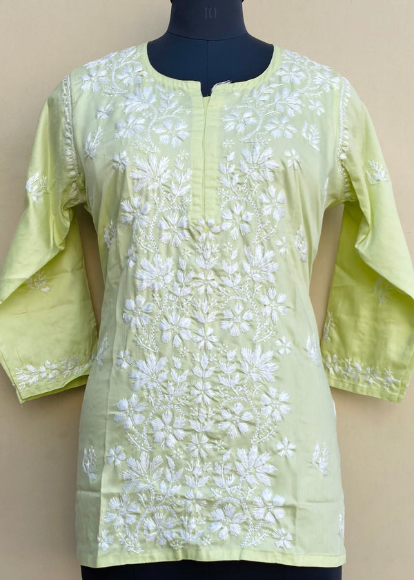 Lucknowi Chikankari Short Kurti Parrot Green Muslin Cotton