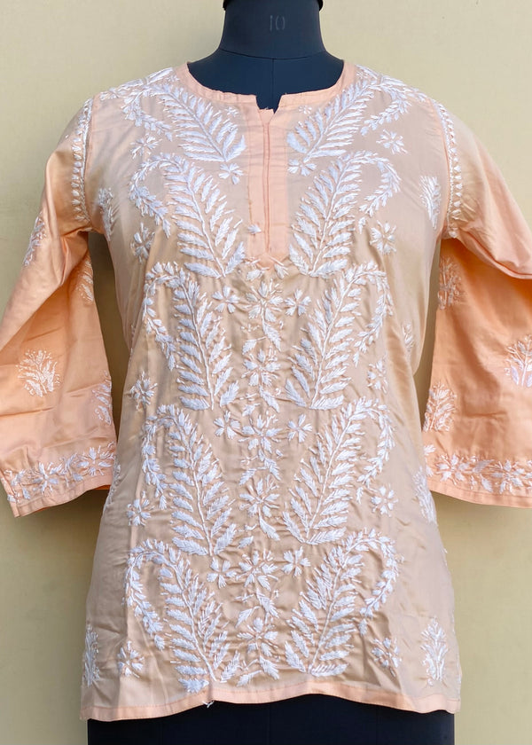 Lucknowi Chikankari Short Kurti Peach Muslin Cotton