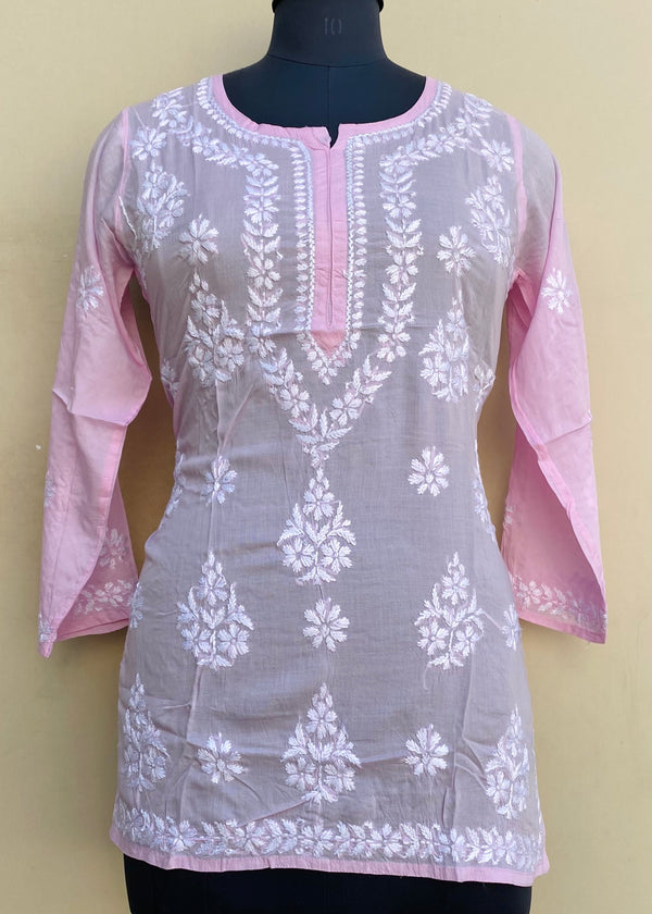 Lucknowi Chikankari Short Kurti Pink Modal Cotton