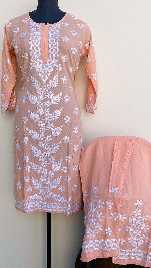 Lucknowi Chikankari Co-ord Set Peach Modal Cotton