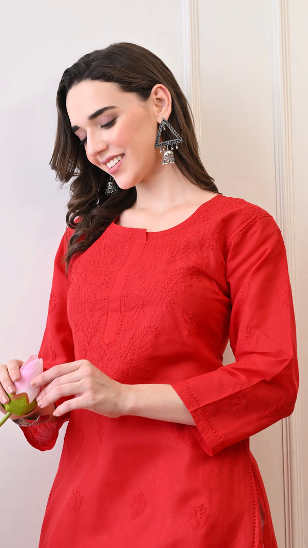 Lucknowi Chikankari Kurti Red Cotton
