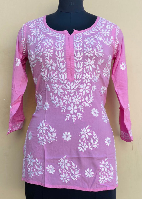 Lucknowi Chikankari Short Kurti Pink Modal Cotton