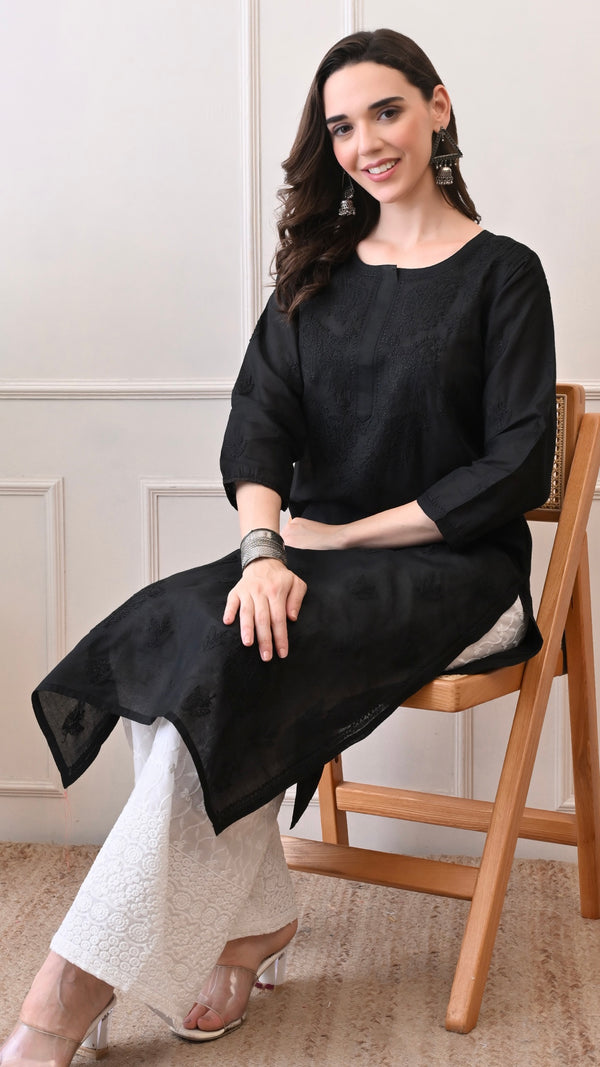 Lucknowi Chikankari Kurti Black Cotton