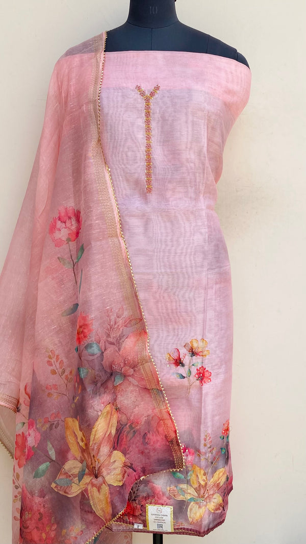 Designer Embroidered Suit Length 3 Piece Pink Linen With Pearl, Sequence & Cutdana Work