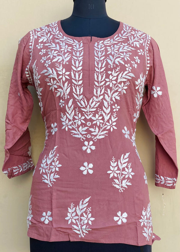 Lucknowi Chikankari Short Kurti Rose Pink Modal Cotton