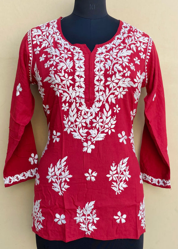 Lucknowi Chikankari Short Kurti Red Modal Cotton