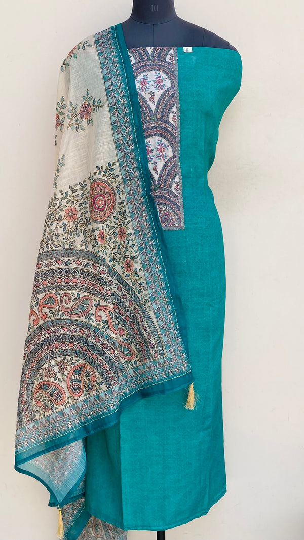 Designer Embroidered Suit Length 3 Piece Green Linen With Sequence Work