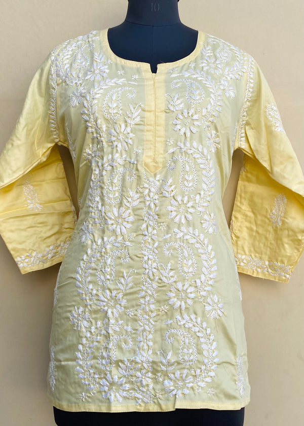 Lucknowi Chikankari Short Kurti Yellow Muslin Cotton