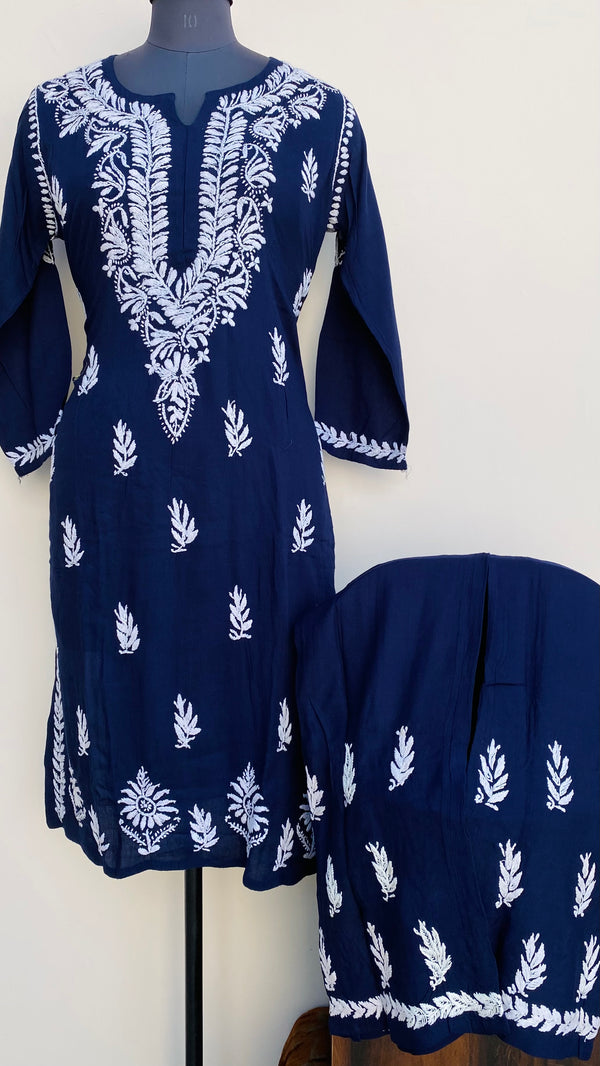 Lucknowi Chikankari Co-ord Set Navy Blue Modal Cotton