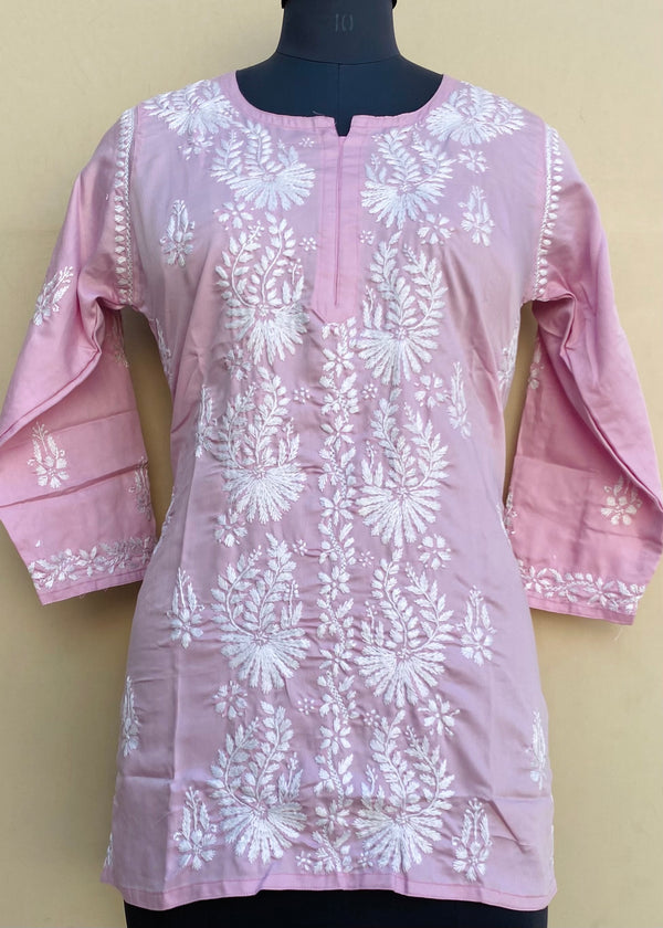 Lucknowi Chikankari Short Kurti Pink Muslin Cotton