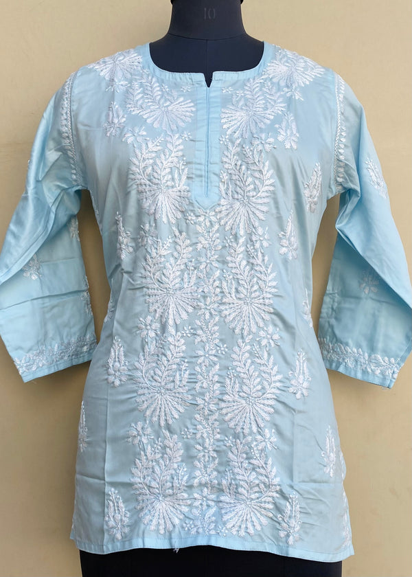 Lucknowi Chikankari Short Kurti Powder Blue Muslin Cotton