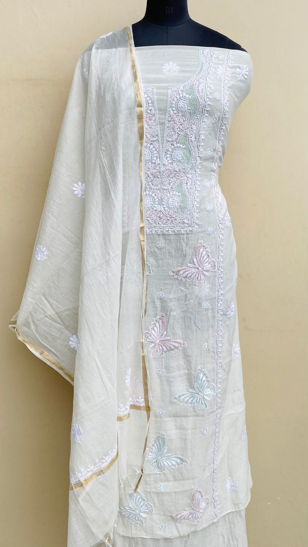 Lucknowi Chikankari Suit Length 2 Peice Off White Mal Chanderi with Cutdana & Sequence Work