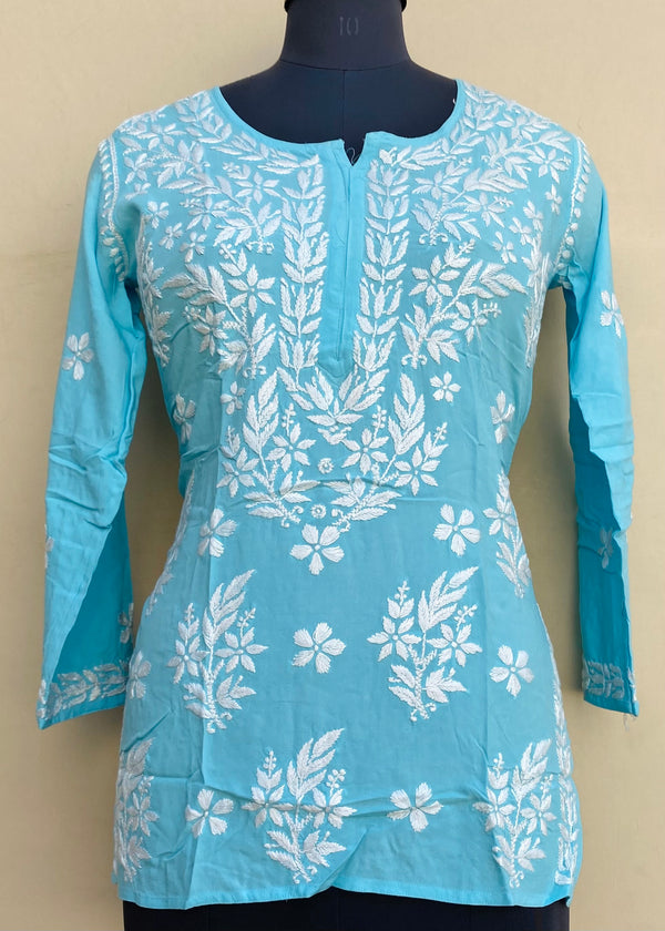 Lucknowi Chikankari Short Kurti Blue Modal Cotton