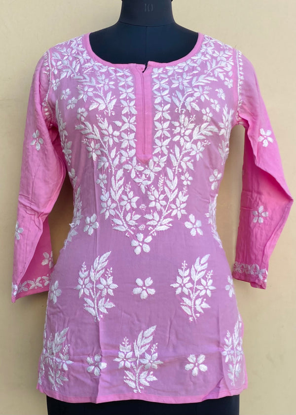 Lucknowi Chikankari Short Kurti Pink Modal Cotton