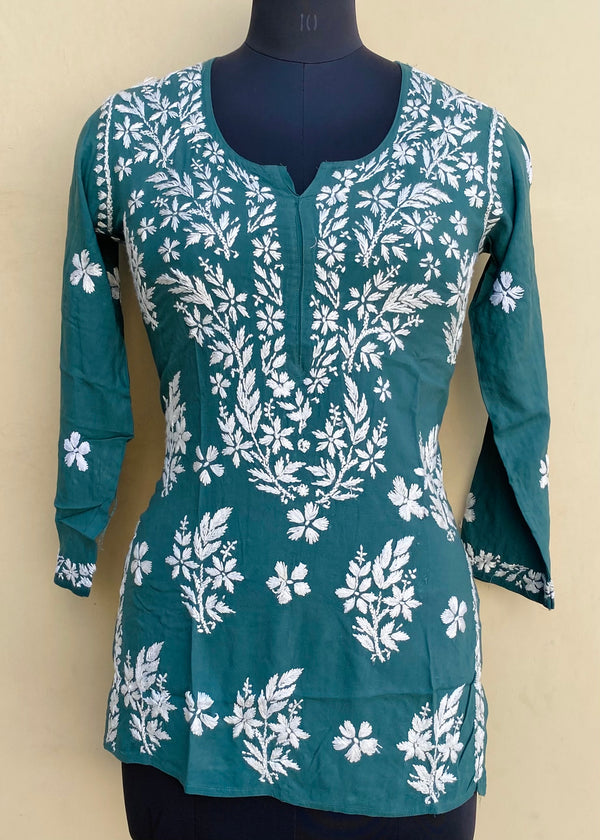 Lucknowi Chikankari Short Kurti Teal Green Modal Cotton