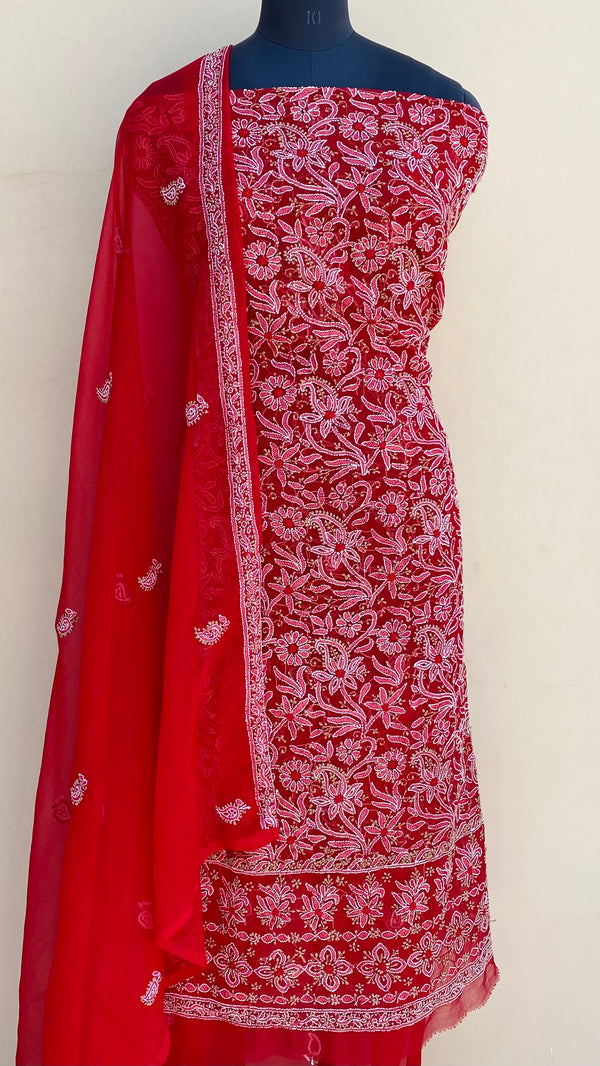 Lucknowi Chikankari Suit Length 3 Piece Red Georgette