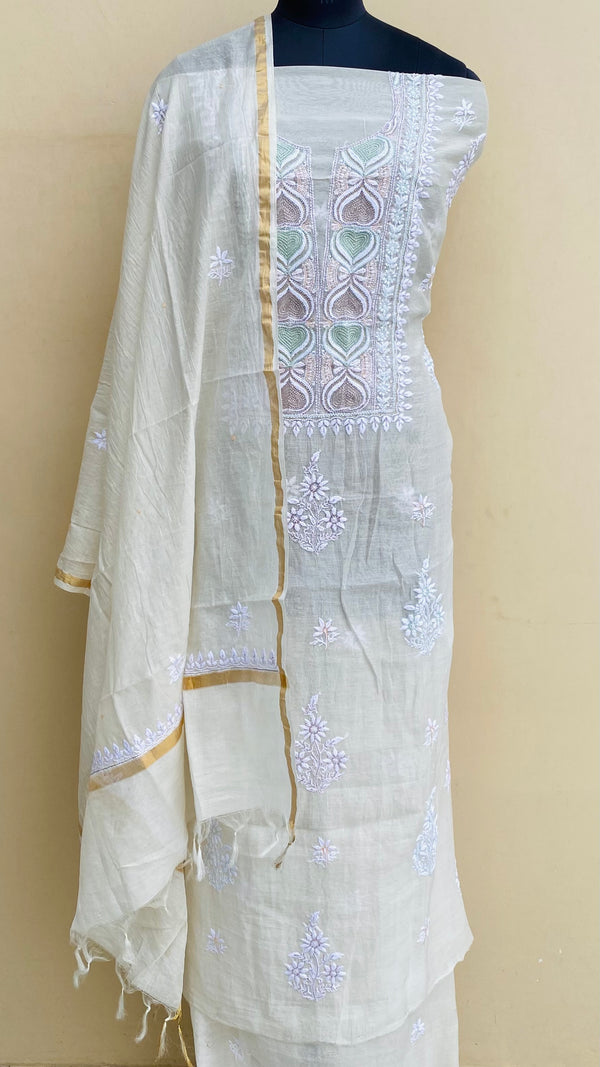 Lucknowi Chikankari Suit Length 2 Peice Off White Mal Chanderi with Cutdana & Sequence Work