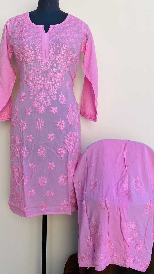 Lucknowi Chikankari Co-ord Set Pink Muslin Cotton With Self Work