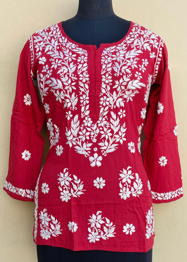 Lucknowi Chikankari Short Kurti Red Modal Cotton