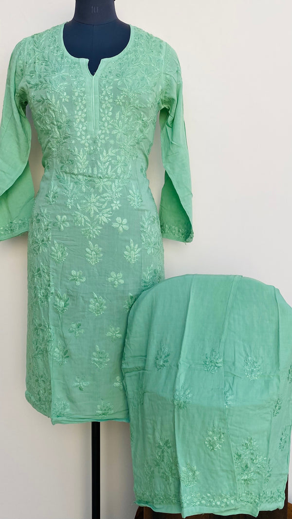 Lucknowi Chikankari Co-ord Set Green Muslin Cotton With Self Work