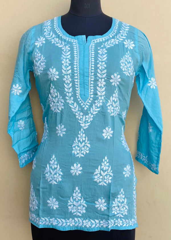 Lucknowi Chikankari Short Kurti Blue Modal Cotton