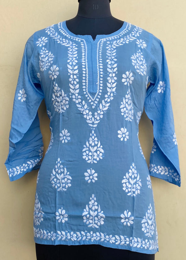 Lucknowi Chikankari Short Kurti Blue Modal Cotton