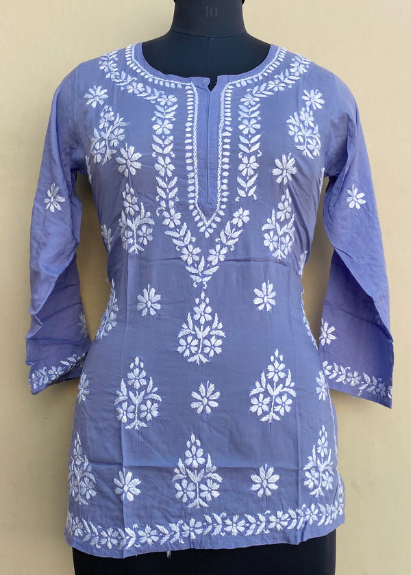 Lucknowi Chikankari Short Kurti Purple Modal Cotton