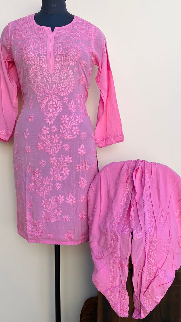 Lucknowi Chikankari Co-ord Set Pink Muslin Cotton With Self Work