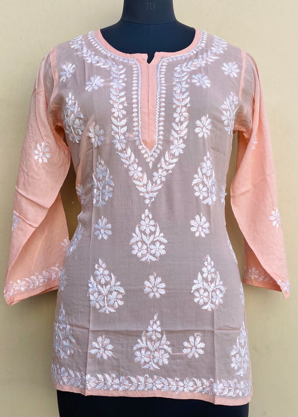 Lucknowi Chikankari Short Kurti Peach Modal Cotton