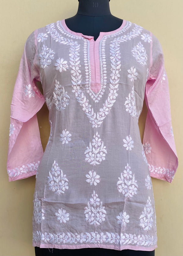 Lucknowi Chikankari Short Kurti Pink Modal Cotton