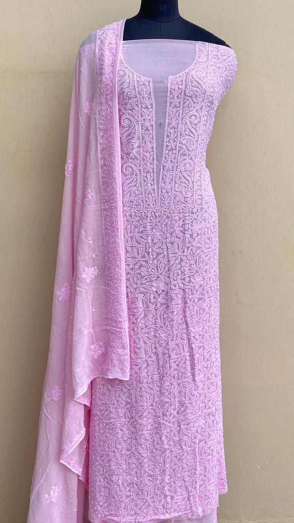 Luchnowi Chikankari Suit Length 2 Piece Pink Pure Georgette With Cutdana & Pearl Work