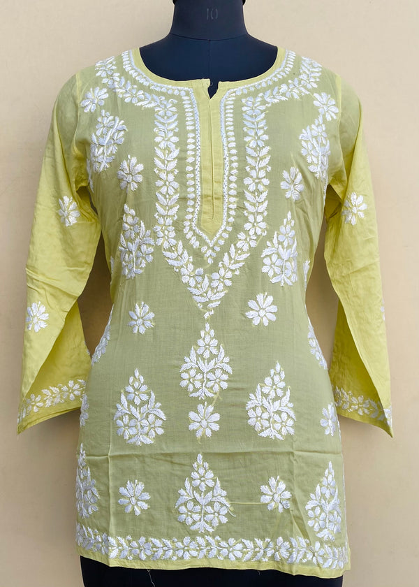 Lucknowi Chikankari Short Kurti Yellow Modal Cotton