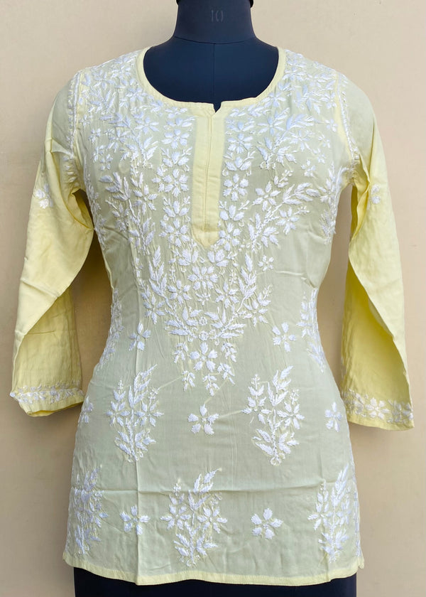 Lucknowi Chikankari Short Kurti Yellow Modal Cotton